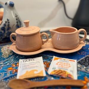 Fiesta Apricot Cream and Sugar Set With Lid & Figure 8 Tray Homer Laughlin